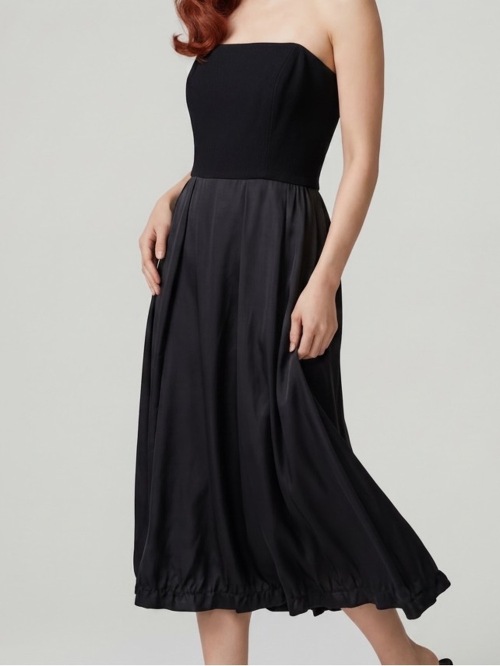 Vintage Ellen Tracy Wool & Silk Black strapless cape Midi cocktail party dress